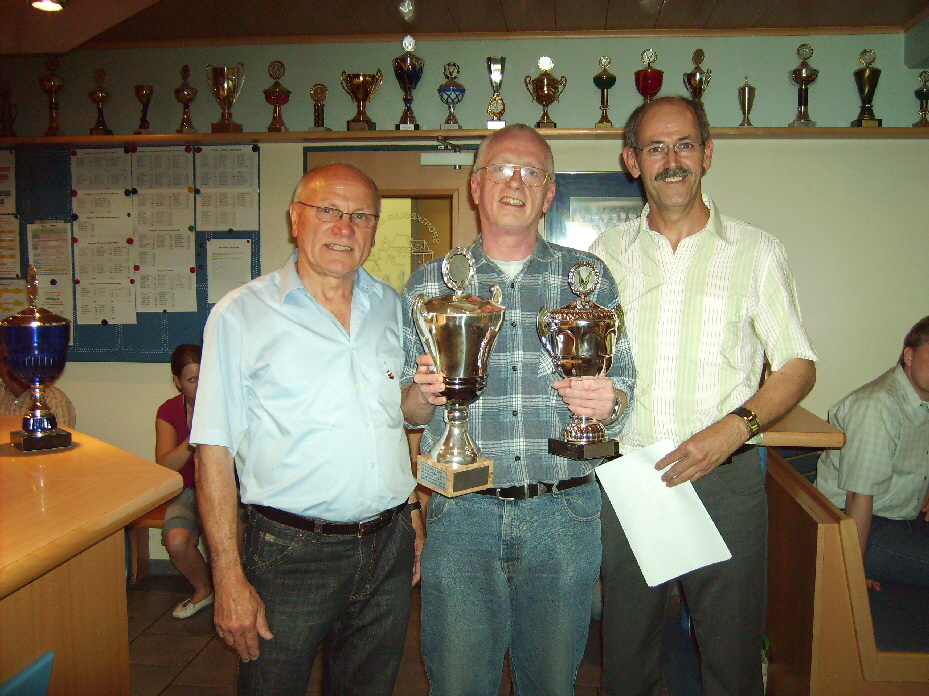 In der Bildmitte sehen wir Peter Dirr vom SKC 4 mit dem Wanderpokal der Gruppe B1 und dem Siegerpokal der Gruppe B1.